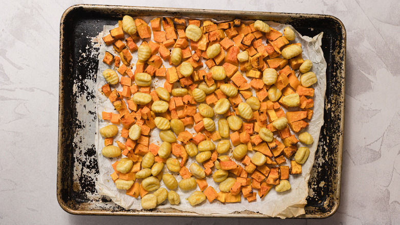 sheet pan with roasted butternut squash and gnocchi