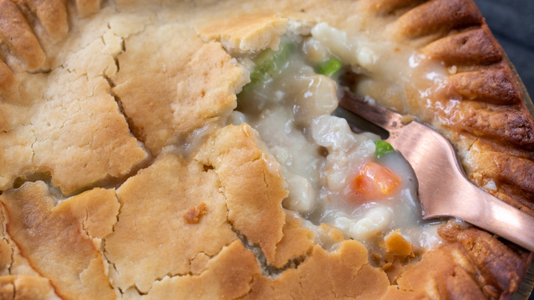 Close-up of a frozen chicken pot pie