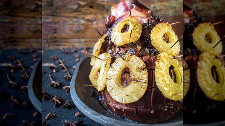 Pineapple glazed ham on a serving tray