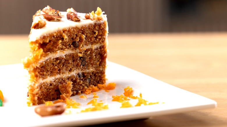 Slice of carrot cake on a plate