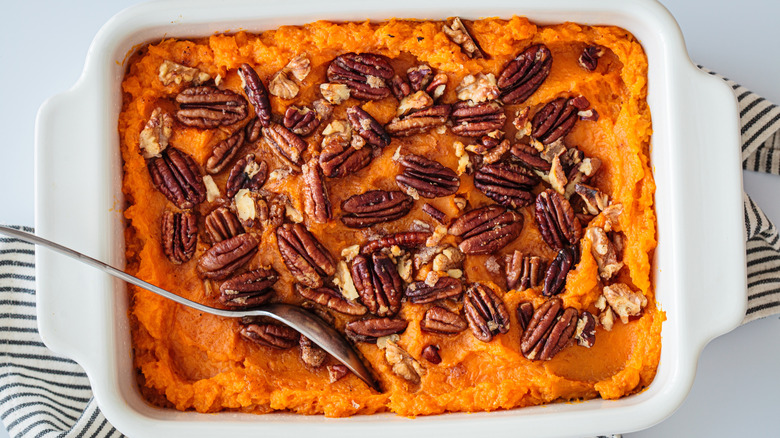 Aerial shot of sweet potato casserole in a baking dish