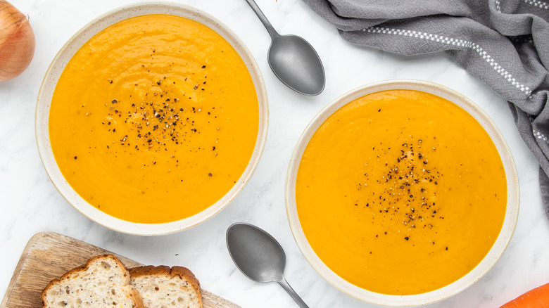 fall vegetable soup in bowls 