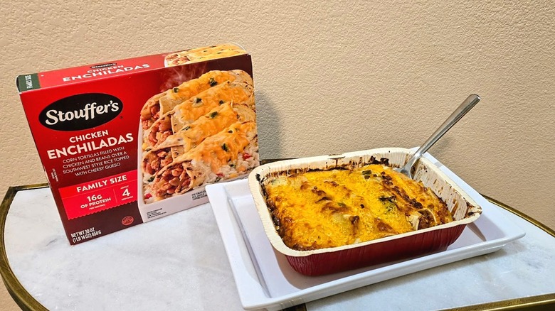Box and plate of Stouffer's Chicken Enchiladas.