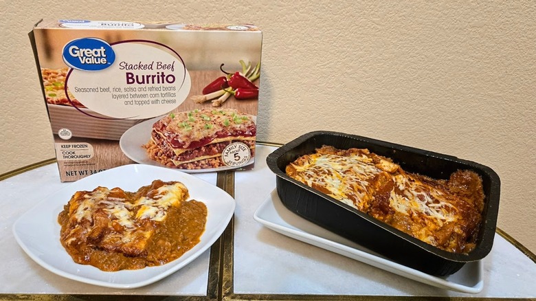 Great Value box, tray, and plate of Great Value Stacked Beef Burrito.