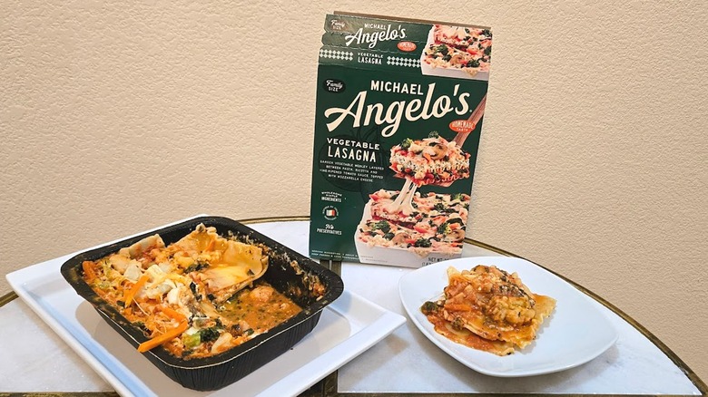 Box and tray of Michael Angelo's Vegetable Lasagna.