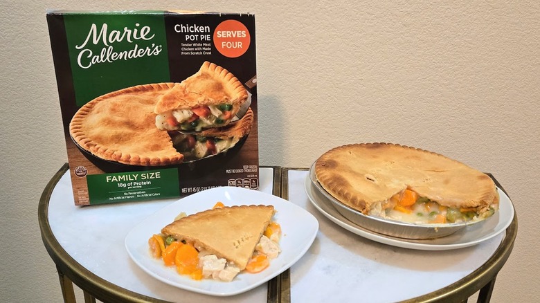 Box, plate and entire Marie Callender's Chicken Pot Pie.
