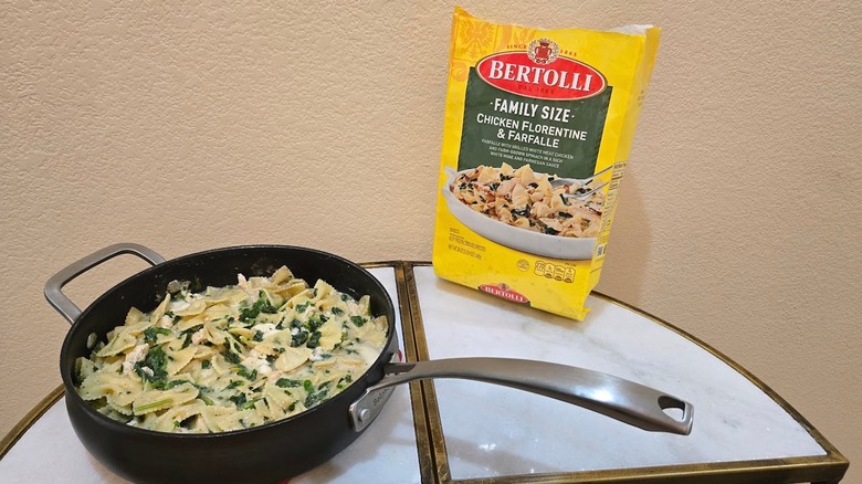 Bag and skillet of Bertolli Chicken Florentine & Farfalle