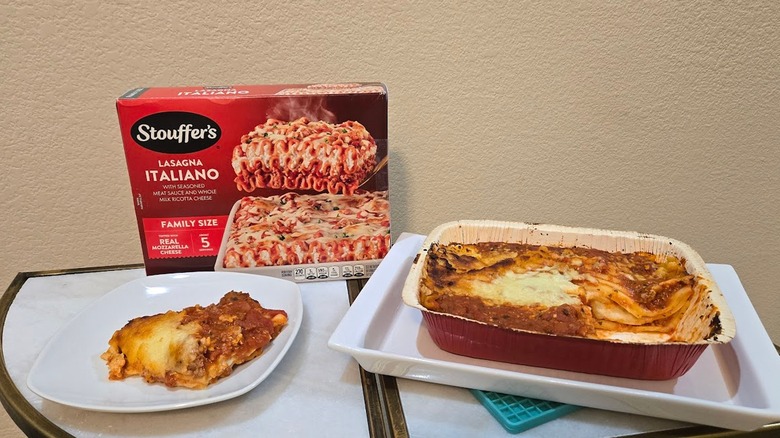 Stouffer's Lasagna Italiano box, container, and single serving.