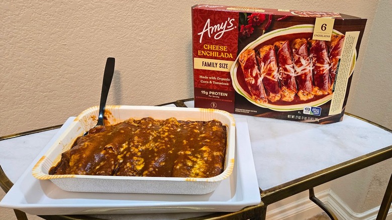 Box and containers of Amy's Kitchen Cheese Enchiladas.
