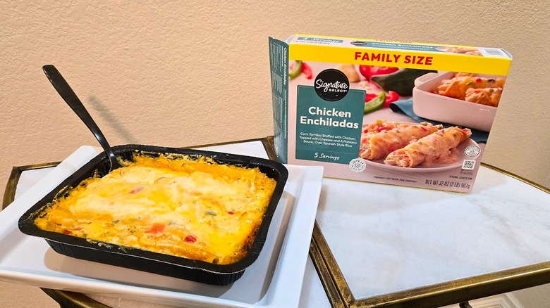 Box and tray of Signature Select Chicken Enchiladas.