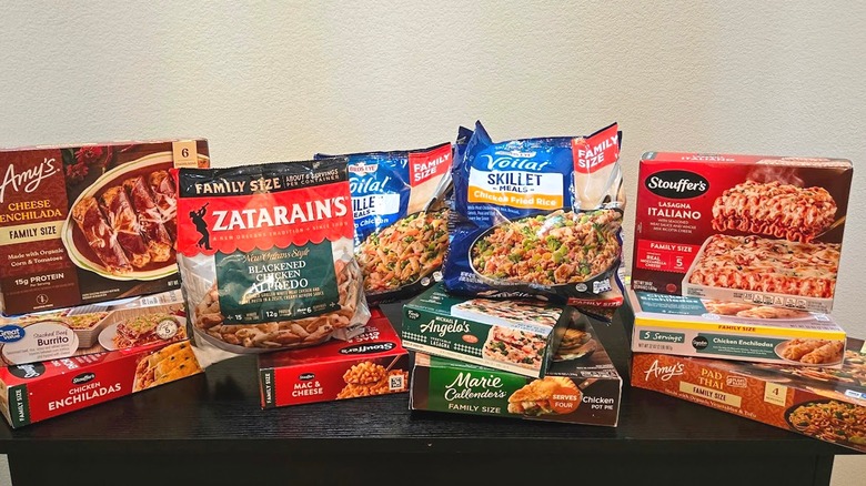 Boxes and bags of frozen family size meals.