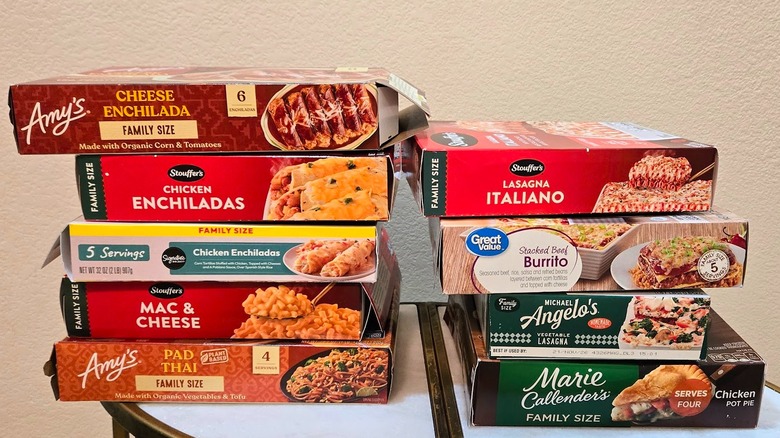 Various boxes of family-size frozen entrees.