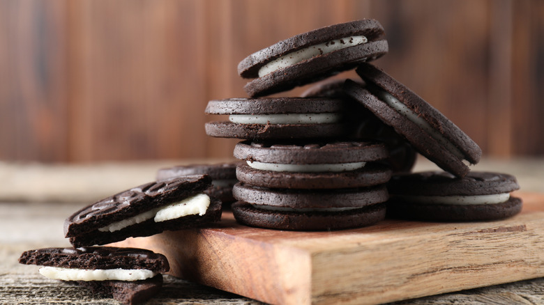 Oreo cookies on wood board