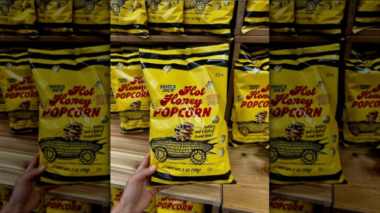 Big, yellow bags of Hot Honey Popcorn from Trader Joe's