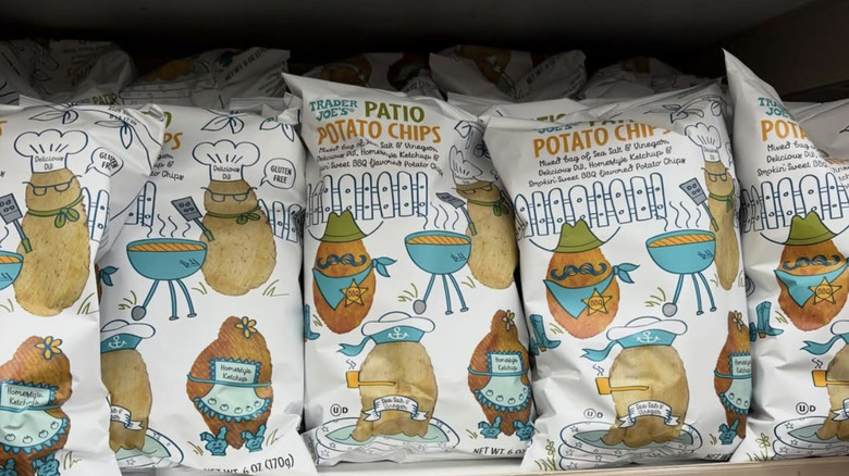 bags of Trader Joe's Patio Potato Chips chips on display