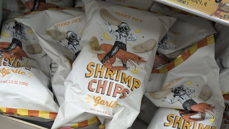 display of Trader Joe's Shrimp Chips bags
