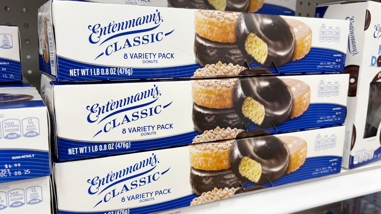 Boxes of Entenmann's donuts on a shelf