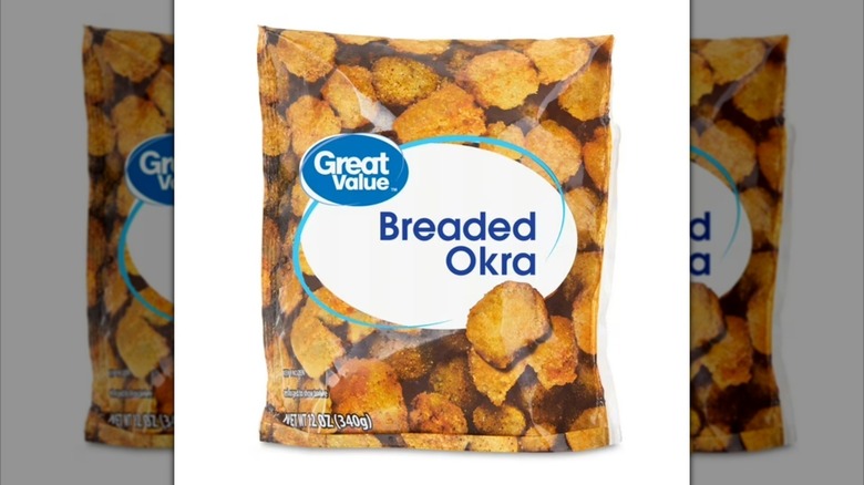 Mirrored image of a Great Value Breaded Okra bag on a white background