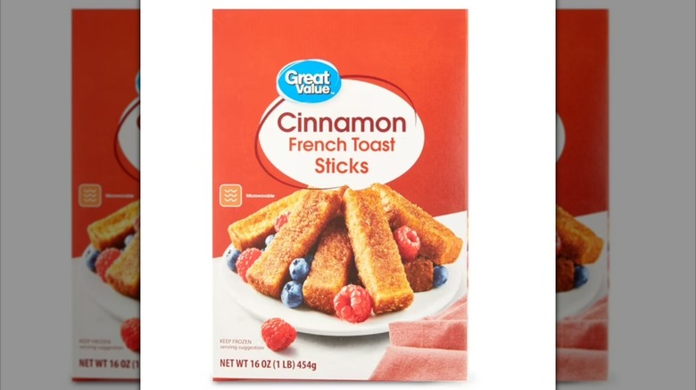 A mirrored image of a box of Great Value Cinnamon French Toast Sticks on a white background