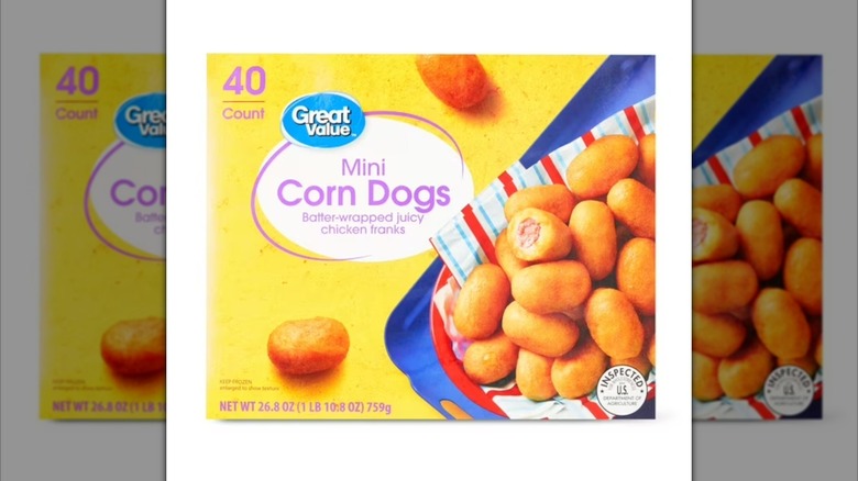A mirrored image of a box of Great Value Mini Corn Dogs on a white background