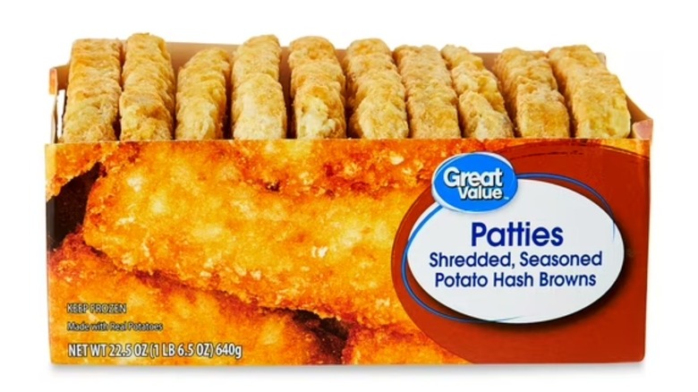 A box of Great Value Hash brown patties on a white background