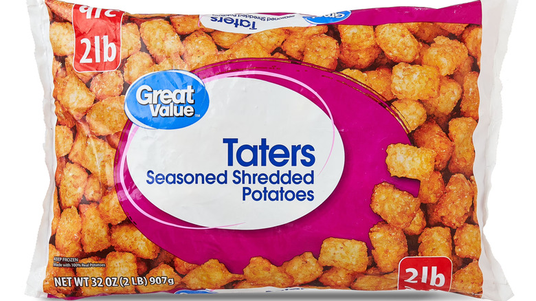 A bag of Great Value Taters on a white background