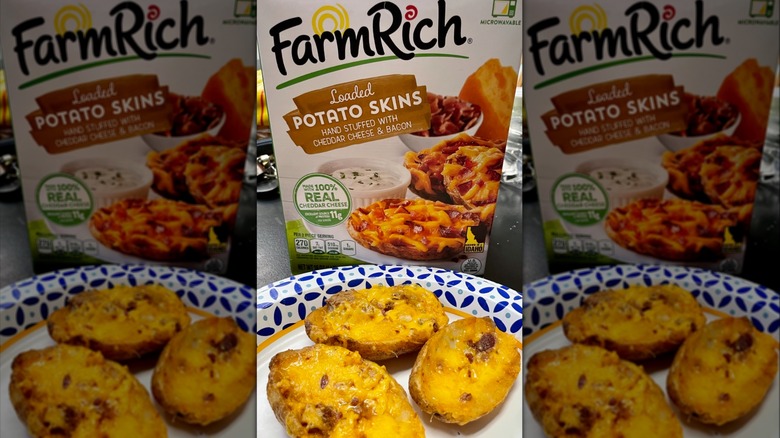 Plate of Farm Rich Loaded Potato Skins with packaging in back