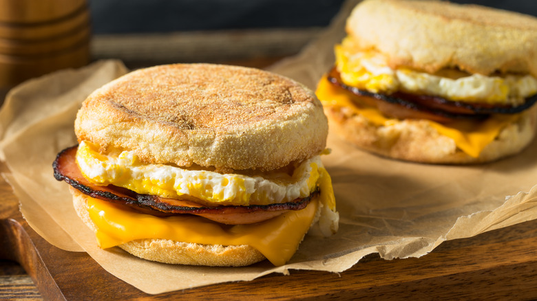 Two English bun breakfast sandwiches