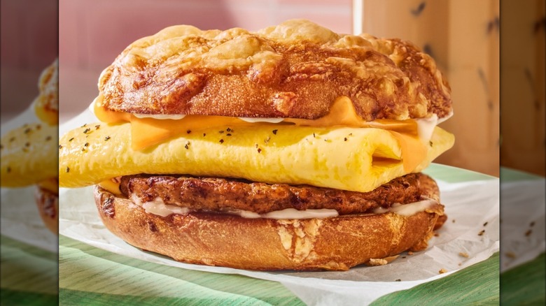 Asiago bagel breakfast sandwich with egg and sausage from Panera