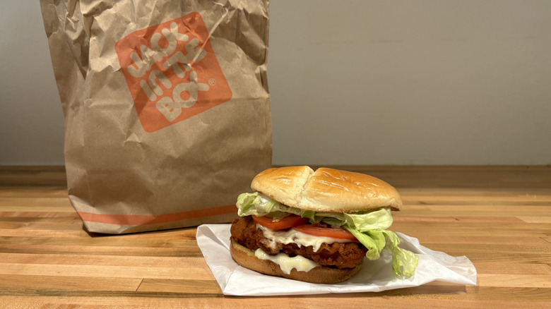 Jack in the Box chicken sandwich with lettuce, mayo, and tomatoes