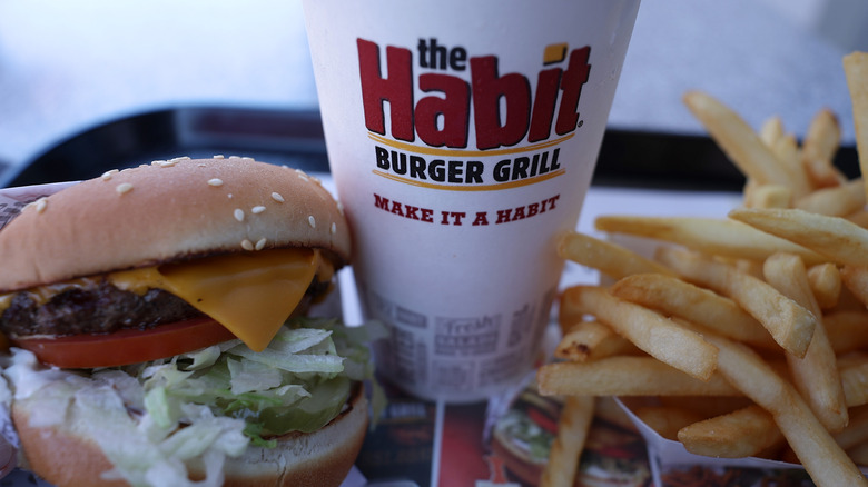Habit Burger & Grill meal with burger, drink, and fries