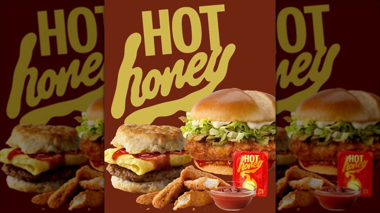 McDonald's hot honey advertisement with a chicken sandwich, breakfast sandwich, and chicken strips