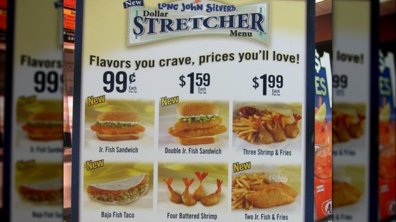 A banner for Long John Silver's dollar stretcher menu that says "Flavors you crave, prices you'll love" with items listed at 99 cents, $1.59, and $1.99