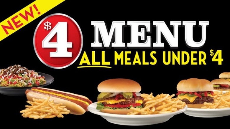 An ad for Shake Shack's $4 menu featuring all meals under $4 with images of various burgers and fries, hot dogs, and a taco salad