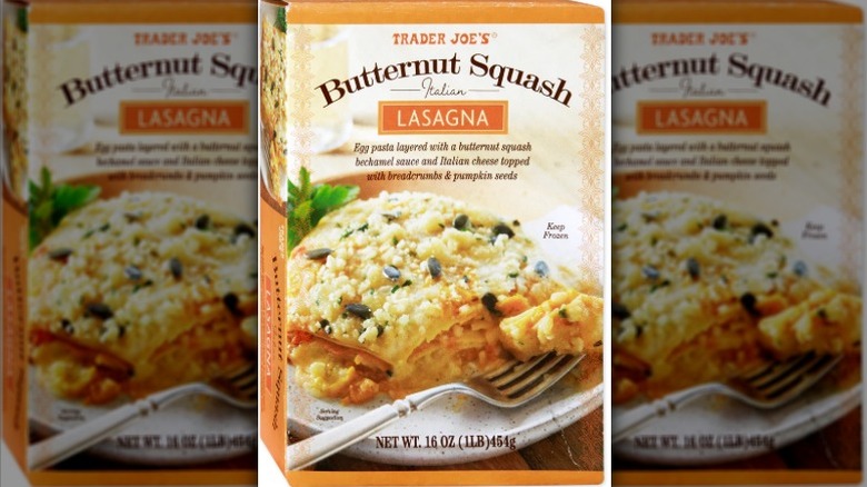 A closeup of Trader Joe's Butternut Squash Italian Lasagna in a box