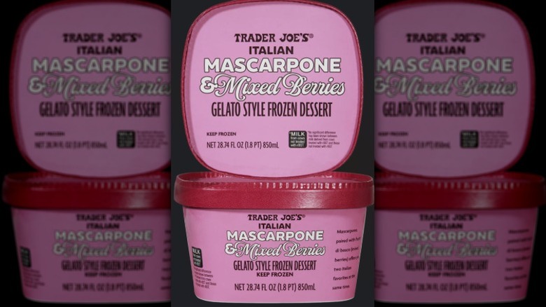 A package of Trader Joe's Italian Mascarpone and Mixed Berries Gelato Style Frozen Dessert