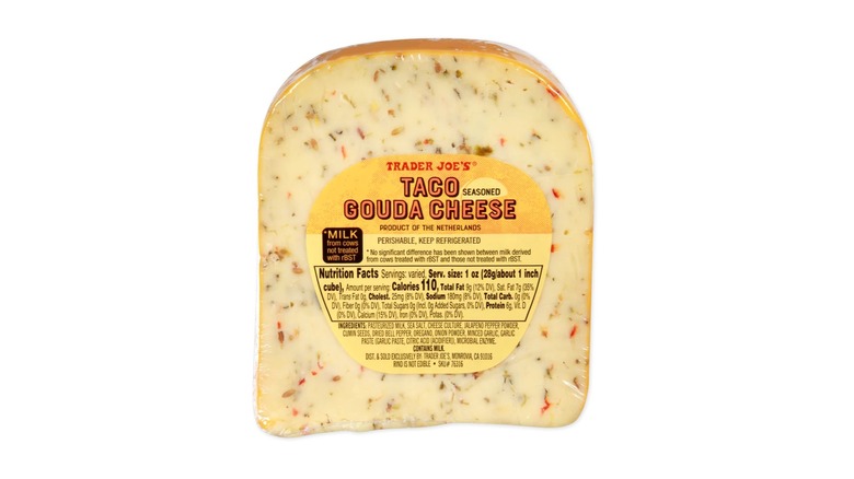 A beauty shot of Trader Joe's Taco Seasoned Gouda Cheese on a white background