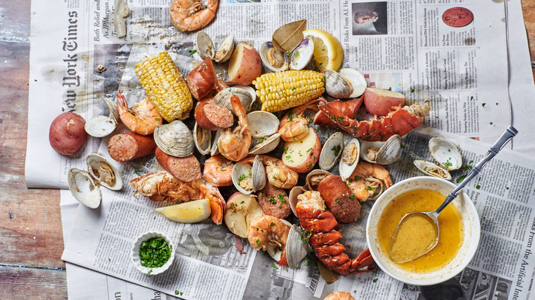 seafood spread on newspaper