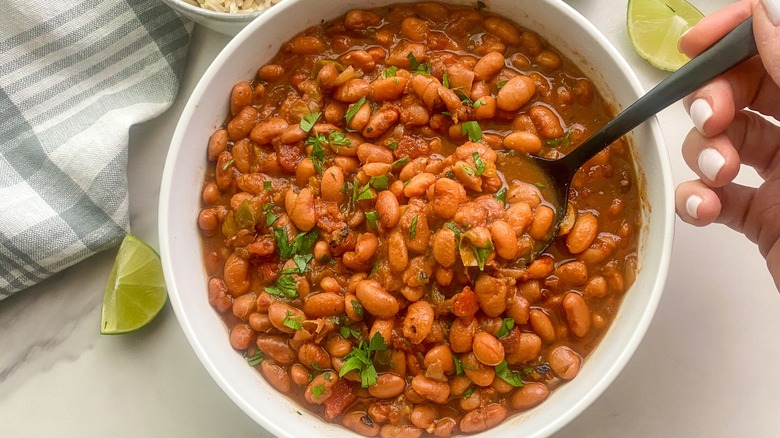 pinto beans in white bowl with spoon