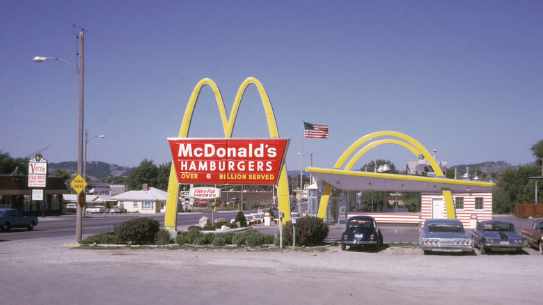 exterior of a McDonald's restaurant in the 1970s