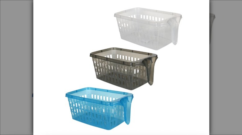 three colors of handled plastic organizer baskets from Dollar Tree