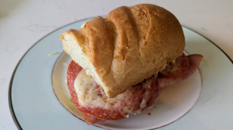 A closeup picture of a Firehouse Italian sub