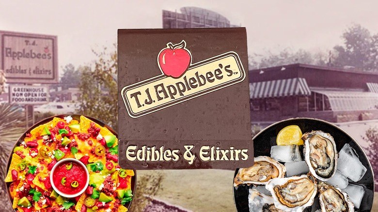 Original Applebee's location and logo surrounded by plated nachos and oysters