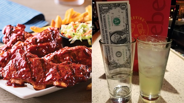 Riblets platter from Applebee's, Dollarita next to a glass stuffed with dollar bills