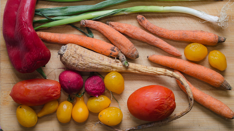Wilted produce on wooden table