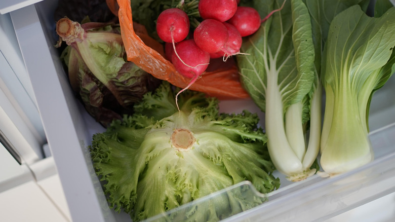 Produce in an open crisper drawer