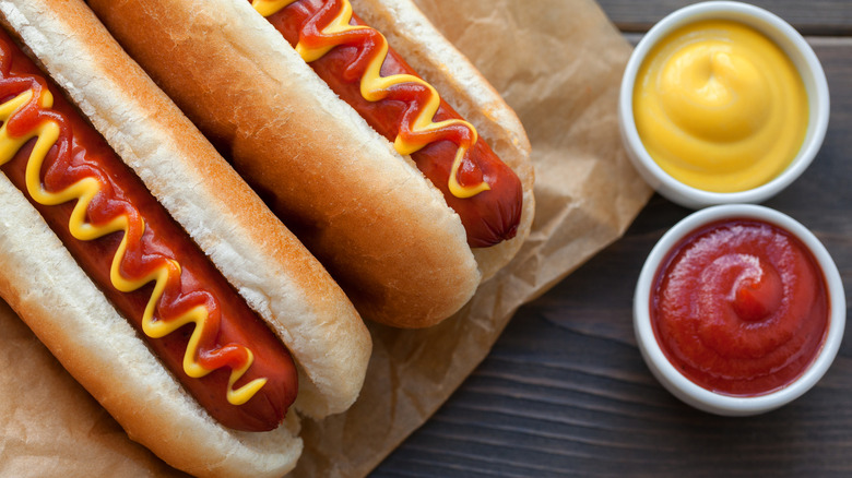 Simple hot dogs with ketchup and mustard