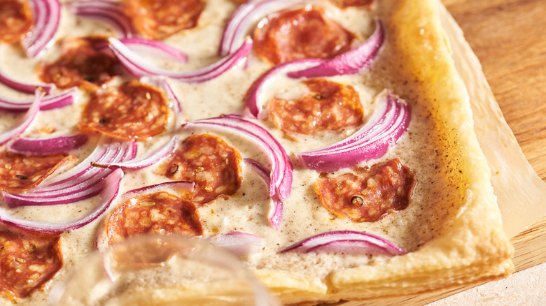 onion and meat on puff pastry