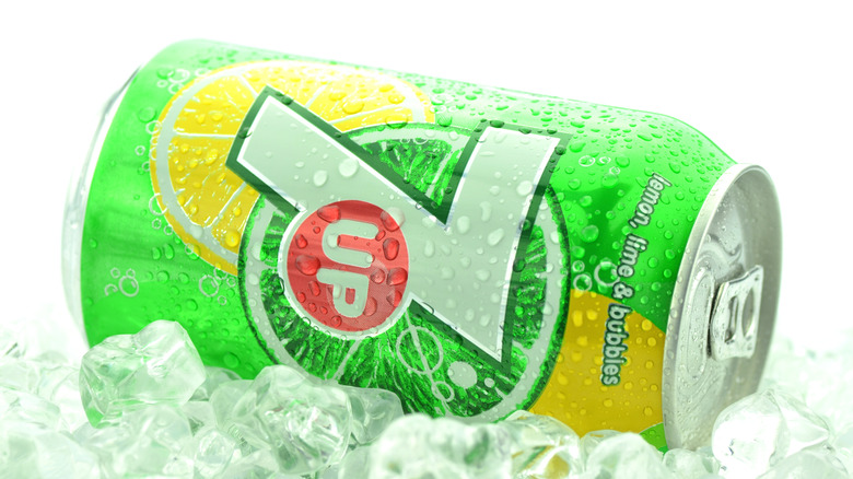 Close-up of a can of 7-UP on ice