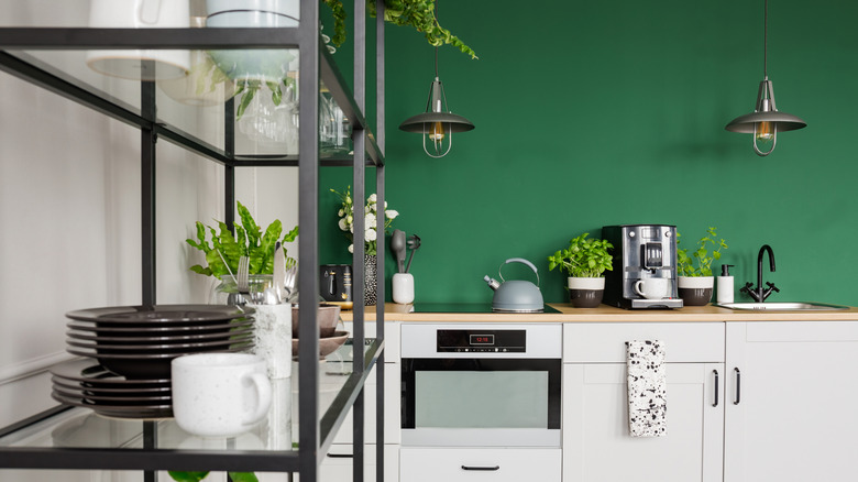 A kitchen with green walls, a rack of plates and mugs in foreground with the counter and coffee machine in background
